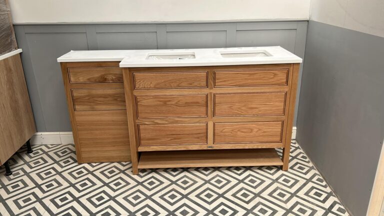 Chelmsford Combo WC / vanity in oak with double under mounted Basins.